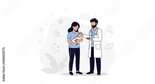 Doctor Consulting Mother Holding Newborn Baby, Healthcare and Parenthood Concept, Flat Vector Illustration
