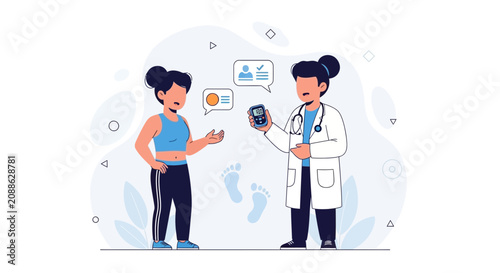 Doctor Consulting Patient About Diabetes Management with Glucose Meter and Footprints Illustration
