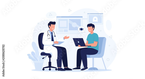 Doctor consulting patient with laptop, discussing cybersecurity and digital health, modern flat illustration style