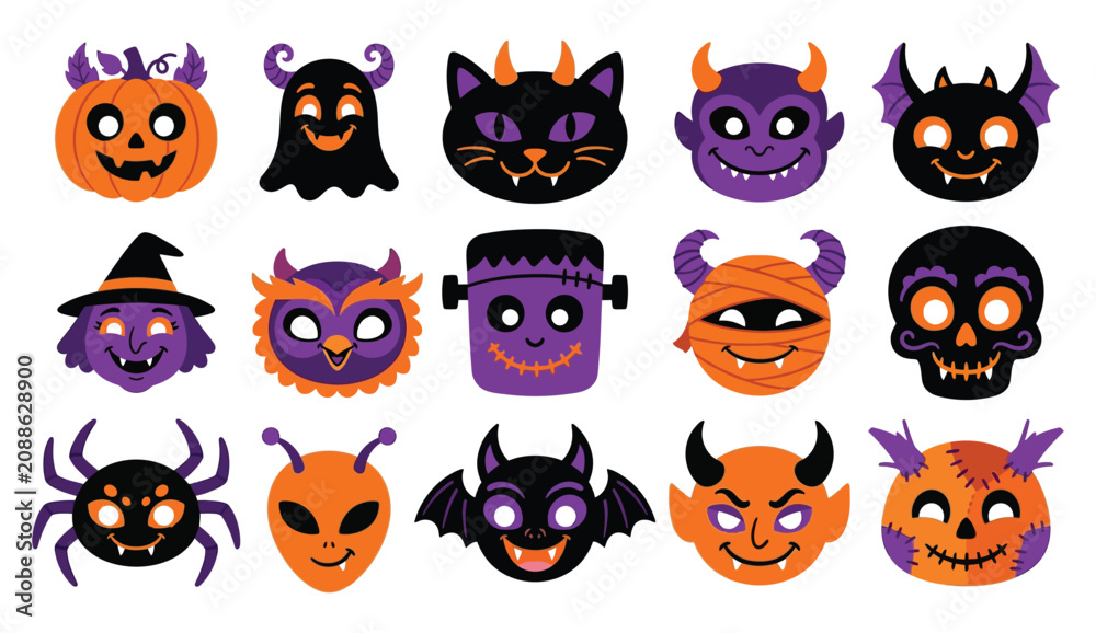 Fototapeta premium Colorful halloween character faces set including pumpkins ghosts and monsters vector illustration on white background