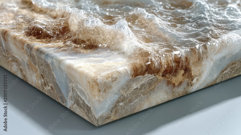 Obraz premium Water on travertine stone surface, wet porous limestone with flowing water reflections, cream and brown natural textures, angled top view, glistening wet stone, professional studio lighting, high det