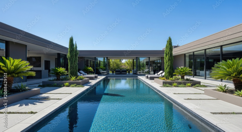 Fototapeta premium Luxury Modern Residence With Rectangular Swimming Pool And Lush Landscaping Outdoor Living Spaces