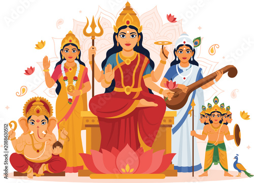 Bild auf Leinwand Illustration of hindu gods and goddesses celebrating a festival with musical ins