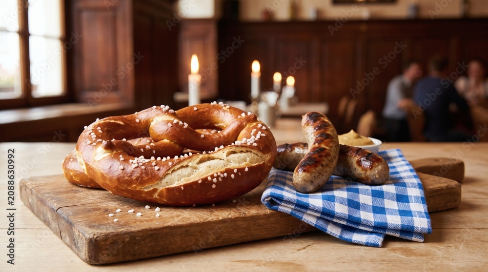 Fototapeta premium Oktoberfest pretzel and grilled sausages on wooden board