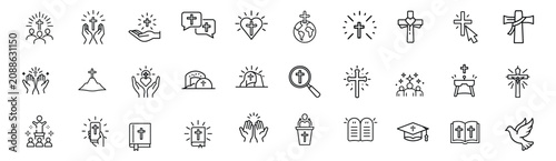 Obraz na plátně Christian religion and church line icons set with holy bible, jesus cross, prayer hands, peace dove, law tablets & more vector illustration with editable stroke