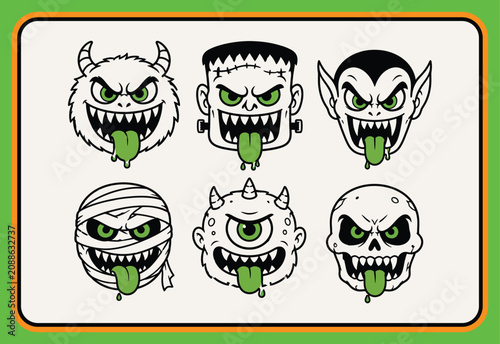 Fotografía Six cartoon monster faces with green drooling tongues in a bordered frame