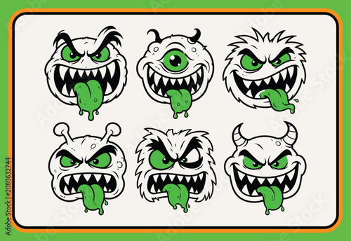 Tableau sur toile Six angry cartoon monsters with green drool and sharp teeth in a comic style ill