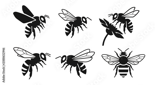 Six black silhouette bees flying in air with wings spread wide