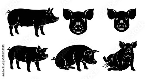 Various black silhouettes of pigs and piglets in different poses are shown