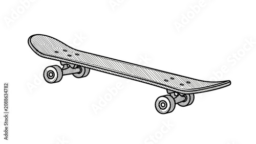 A skateboard lies on its side with wheels facing upwards