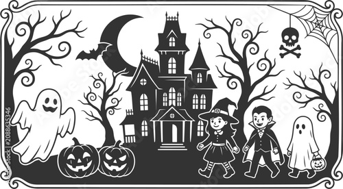 Quadro su tela Kids in halloween costumes trick or treating at a haunted house