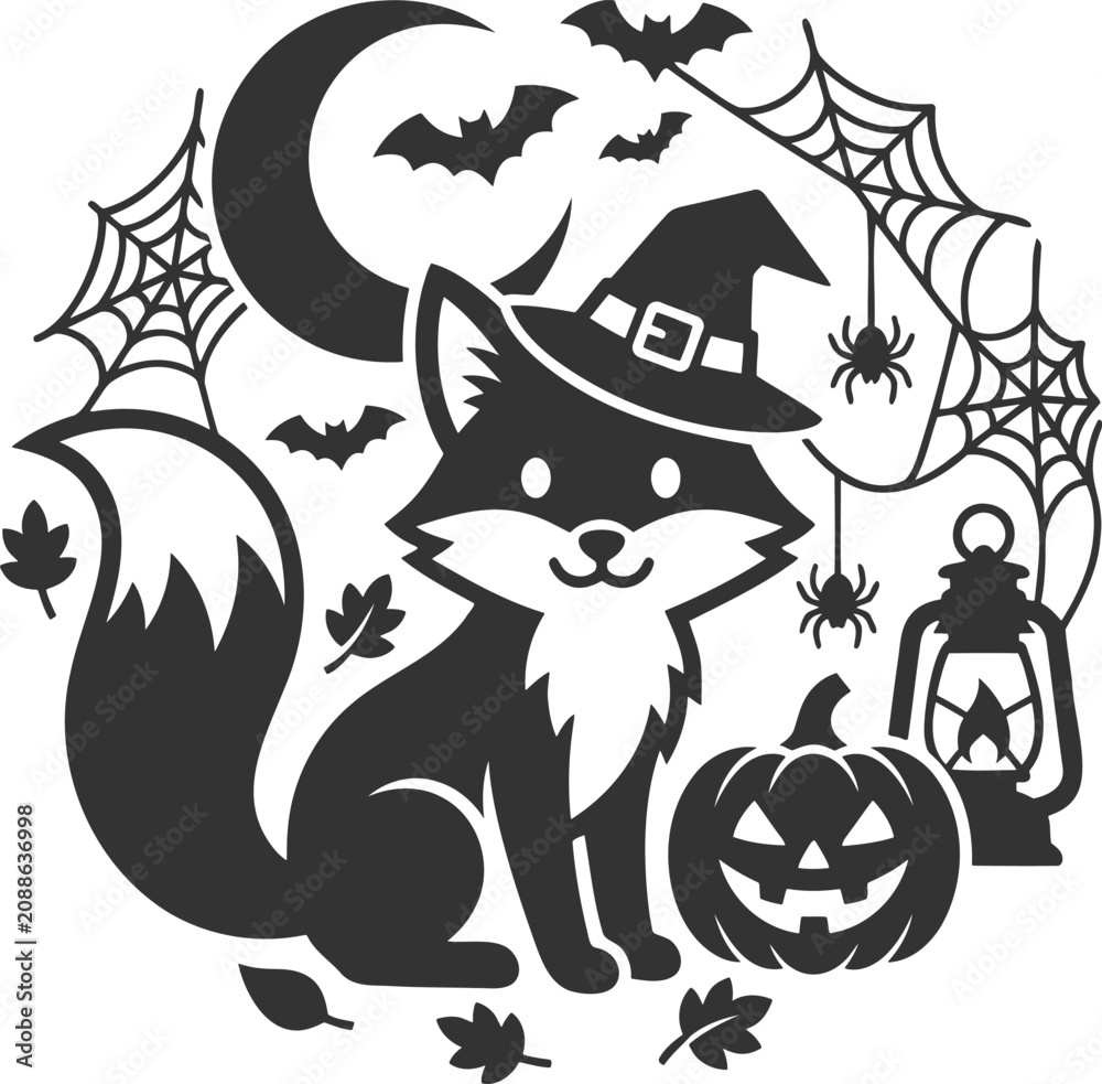 Fototapeta premium Whimsical fox witch with autumn leaves and lantern vector graphic design