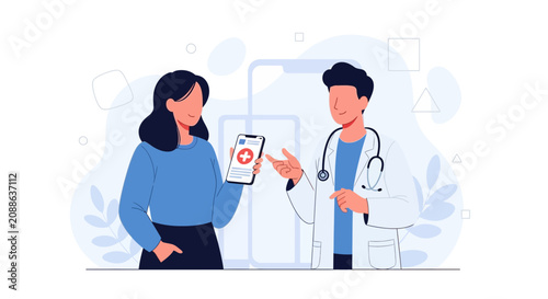 Doctor consulting patient about telemedicine via mobile app with health services icon