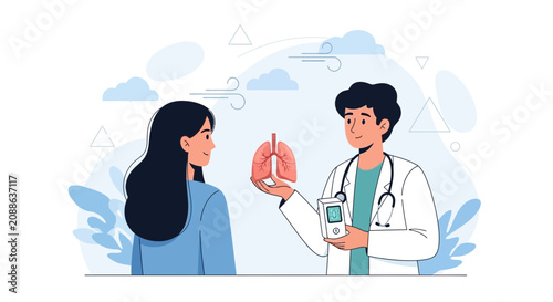 Doctor consulting patient about lung health and respiratory function, holding lungs and spirometer