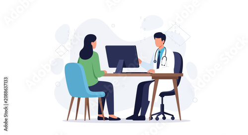 Doctor consulting patient at desk with computer in modern clinic office, medical checkup concept illustration