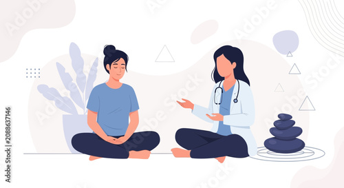 Doctor Consulting Patient for Meditation and Wellness, Discussing Healthcare and Holistic Therapy