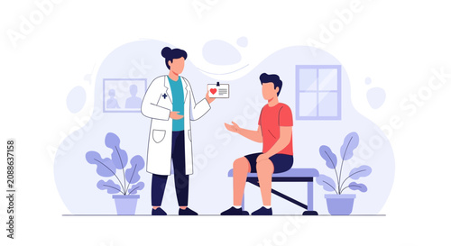 Doctor consulting patient in clinic, medical consultation, illustration in flat design style
