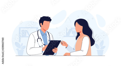 Doctor consulting patient in clinic, medical consultation vector illustration, healthcare concept