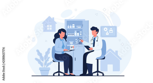 Doctor Consulting Patient in Medical Office, Healthcare Consultation Flat Illustration