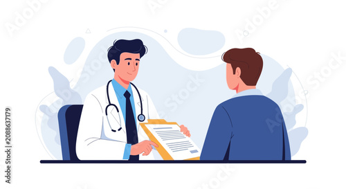 Doctor consulting patient in office, vector illustration. Healthcare consultation, medical check-up, diagnosis, doctor-patient relationship.