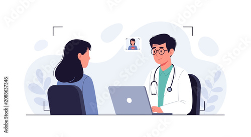 Doctor consulting patient via video call, telemedicine concept vector illustration