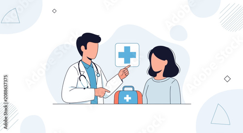Doctor Consulting Patient with First Aid Kit and Medical Cross Icon, Healthcare Concept Illustration