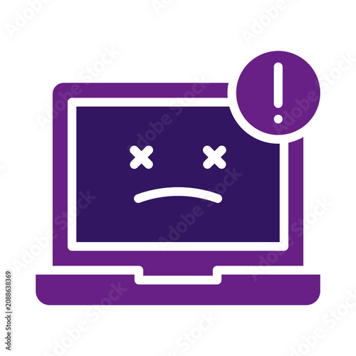 Sad laptop computer with error symbol isolated on transparent background