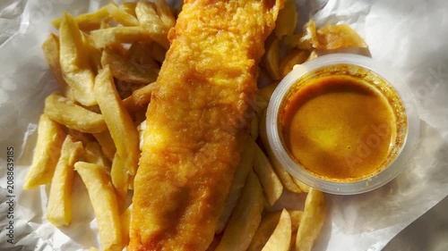 Closeup of a takeaway meal in paper wrapping of a battered piece of golden fried fish with a portion of chips, plus a container of curry sauce.