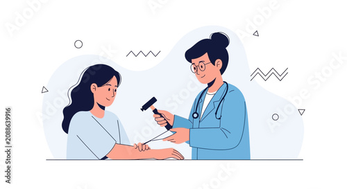Doctor examining patient with reflex hammer in a modern flat illustration style. Medical check-up concept.