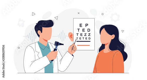 Doctor examining patient's ear with otoscope, near eye chart, medical checkup illustration