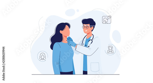 Doctor examining patient's neck, medical consultation, health check-up, healthcare concept