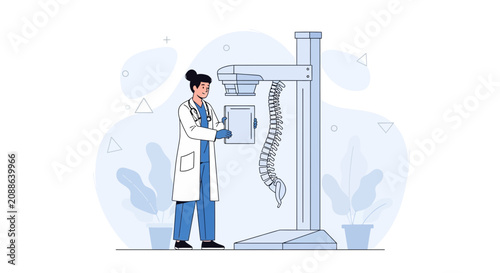 Doctor examining spine X-ray with advanced medical equipment, modern healthcare illustration