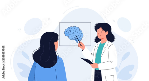 Doctor explaining brain health to patient, medical consultation with neuroscience illustration.