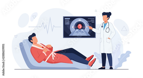 Doctor Explaining MRI Scan Results to Patient Lying on Bed, Medical Examination Concept