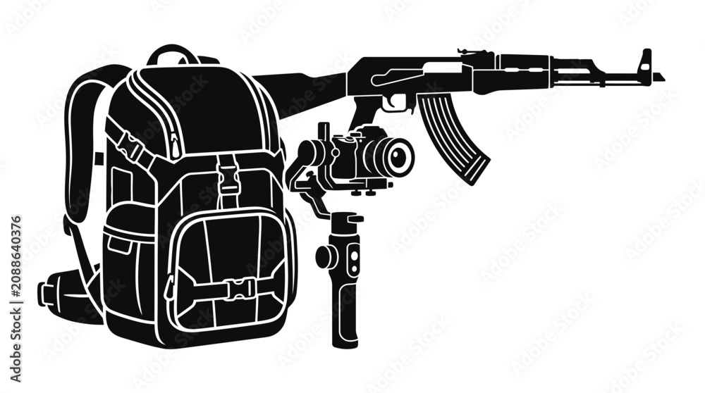 Obraz premium Backpack, Camera Gimbal, and Assault Rifle Silhouette
