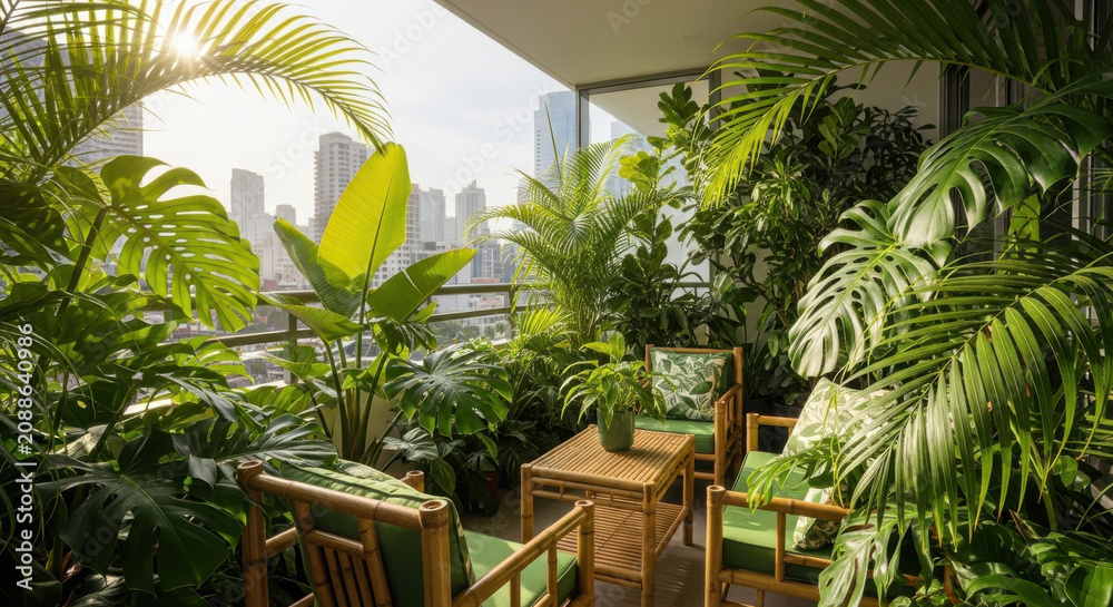 Fototapeta premium Lush Tropical Balcony Oasis With Cityscape View