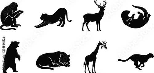 Canvas Print Wild Animal Silhouette Collection Featuring Monkey Deer Bear Giraffe and Big Cat