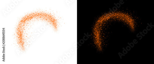 Orange powder explosion in semi circle shape, isolated spice splash on white and black background, chili paprika dust burst