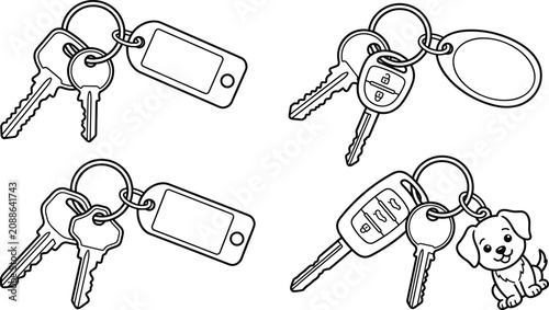 Tableau sur toile Hand Drawn House Keys and Car Key Fob Set with Blank Tag and Dog Charm Coloring