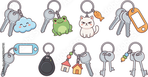 Tableau sur toile Cute Keychain Set with House Keys Cloud Frog Cat Fish Charm Tag and Beaded Keyri