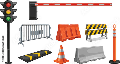 Fotografie Road Construction and Traffic Safety Element Set with Traffic Light Barrier Gate