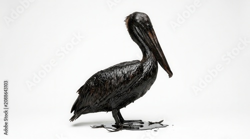 pelican covered in oil. Pelican covered in oil standing on a surface, showcasing its darkened feathers and beak, with a clean white background emphasizing the subject