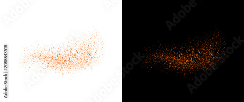 Orange spice powder explosion, ground paprika or chili seasoning splash, organic food ingredient dust cloud isolated on white and black background