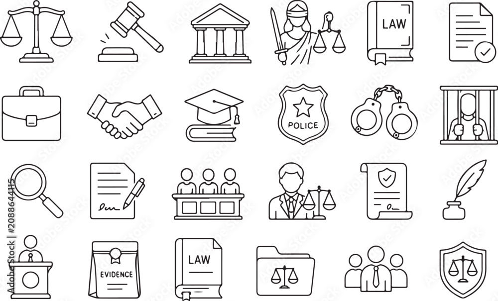 Fototapeta premium Set of law and justice icons in a simple hand drawn sketch style Vector