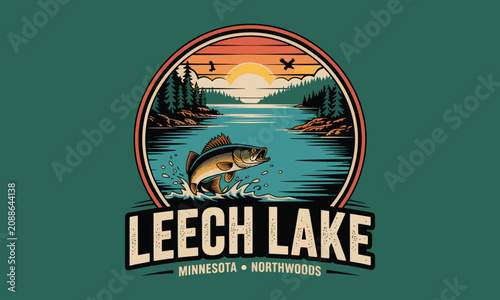 Wildlife Fishing Scene in Forest Lake with Sunset Reflection and Vintage Badge Style