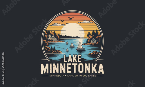 Scenic Sunset Over Lake with Silhouetted Boats and Trees in Vintage Circular Frame