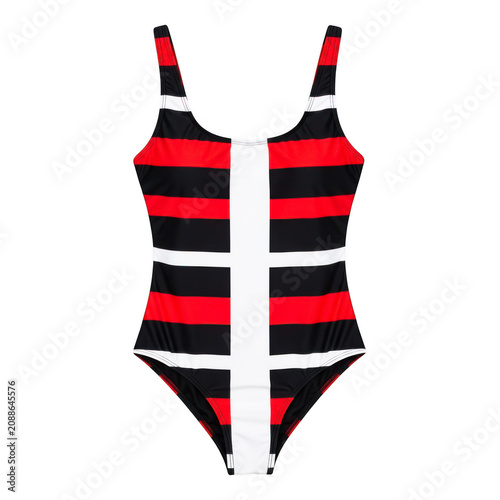 Obraz na plátně Modern striped swimsuit with black red and white colors sporty one piece swimwear for women active beachwear fashion design athletic summer outfit