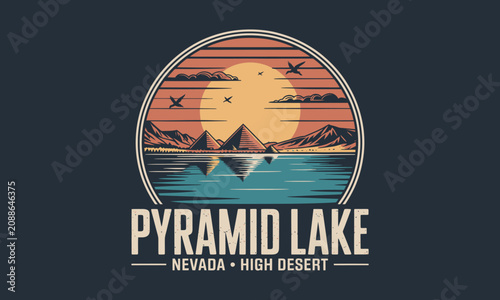 Silhouetted Boats on Serene Mountain Lake at Sunset with Pyramid Lake Nevada Text Overlay