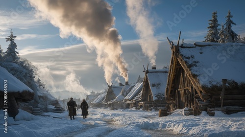 Snow blankets a Viking village as people walk between wooden homes, smoke rises from the rooftops, and the quiet northern landscape reflects resilience, community, and everyday life.