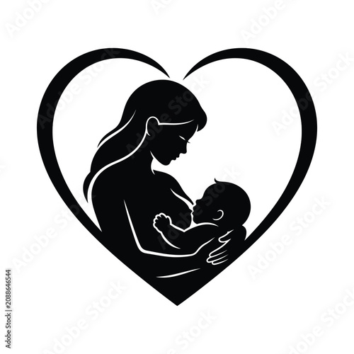 Mother holding baby in heart shape silhouette isolated on transparent background